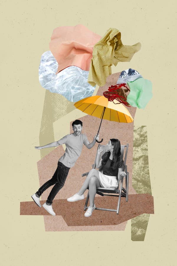 Vertical image collage young man hold umbrella flight cover trash air pollution sitting girl nature ecology problem rubbish rain.