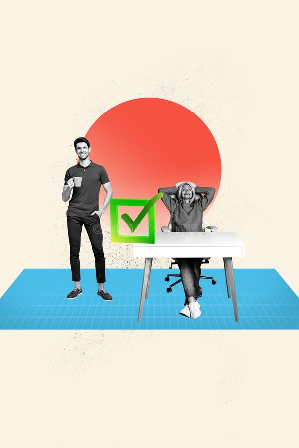 Vertical image picture young happy man mature lady teamwork task done project success tick checkbox approval acceptance stock illustration