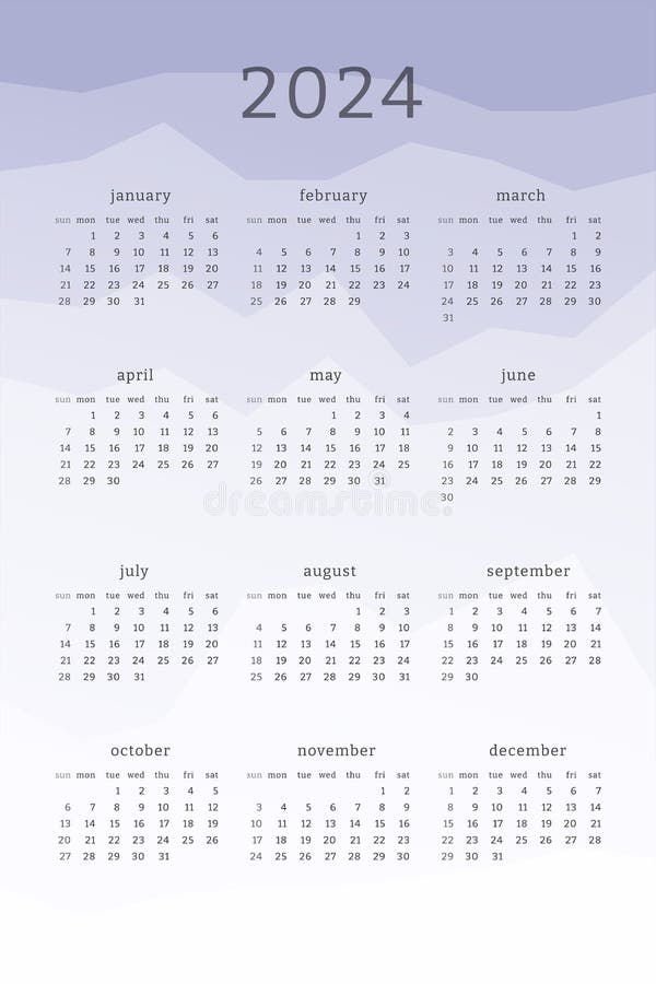 Vertical Lavender Calendar for 2024 Year. Mountains Silhouettes
