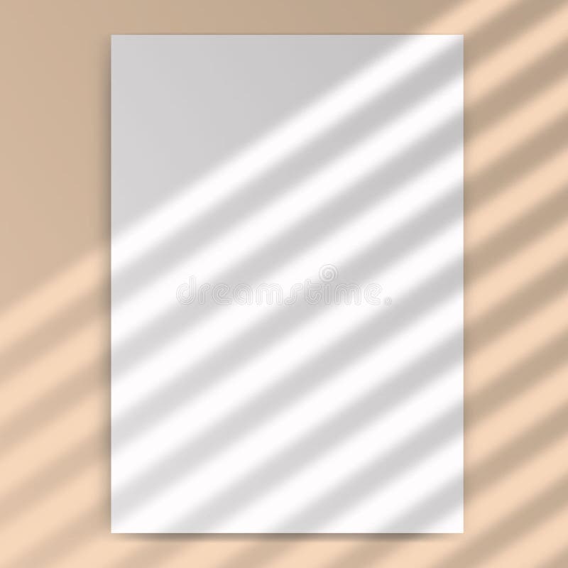 Vertical mock up of empty paper blank. Reflected blinds shadow from window. Realistic silhouette effect background royalty free illustration