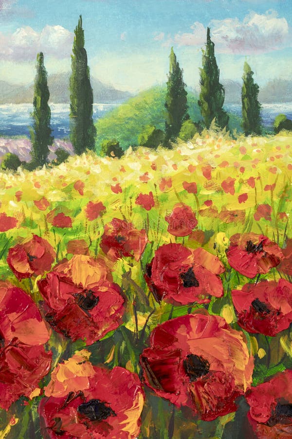 Painting field of red flowers poppies, mountains and cypresses under summer sky