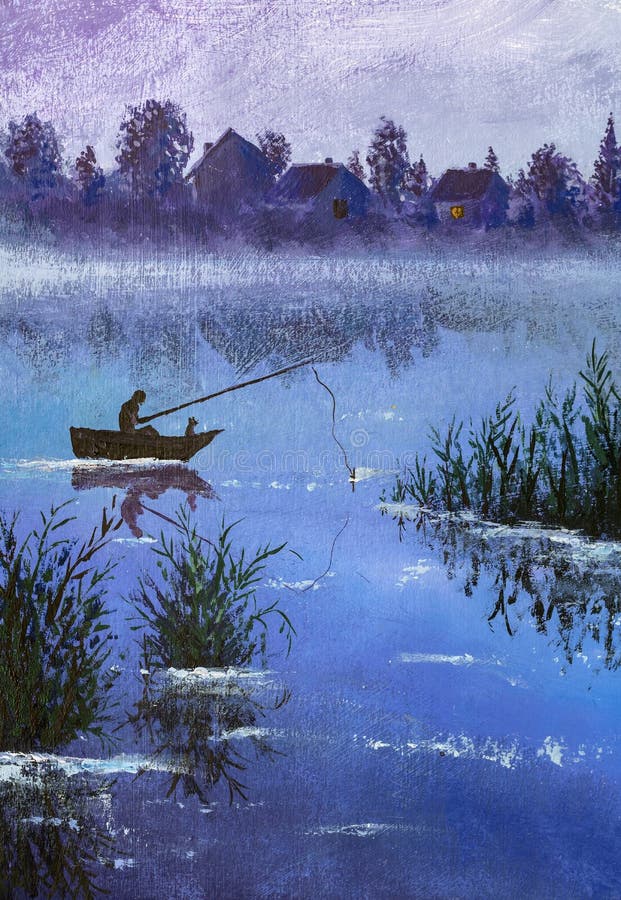 Vertical oil painting night winter fishing on village rural lake sea pond. Country landscape, night lake and reeds