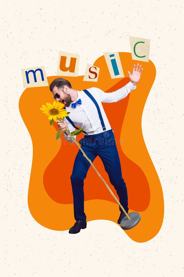 vertical photo banner performer young professional singer guy hold microphone flower stage create single sound event isolated 269483762