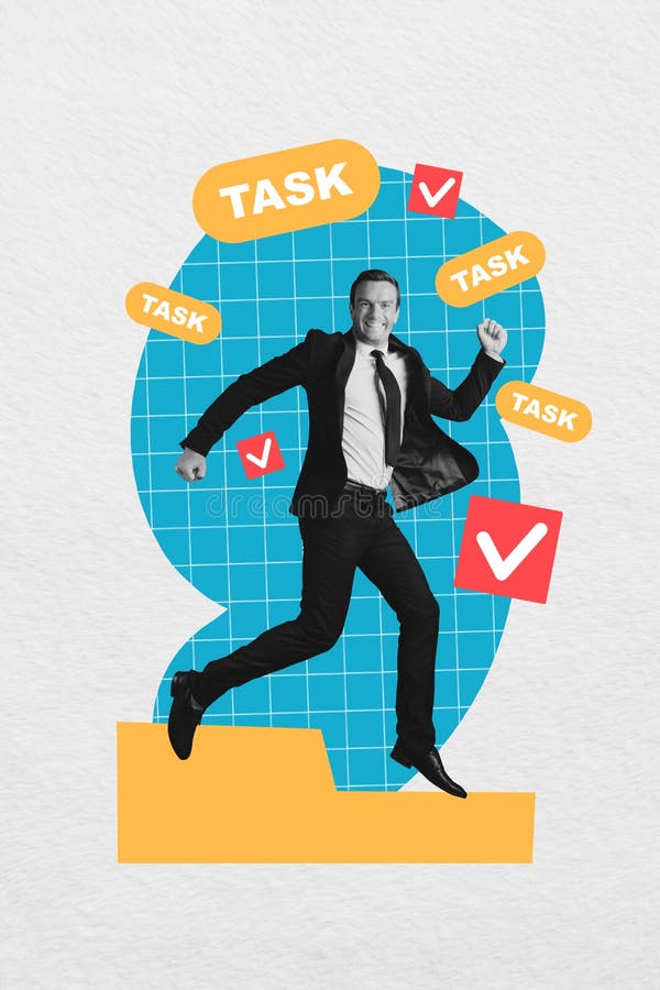 Vertical photo collage of happy businessman run hurry fulfill task check mark strategy plan deal productive isolated on painted background.