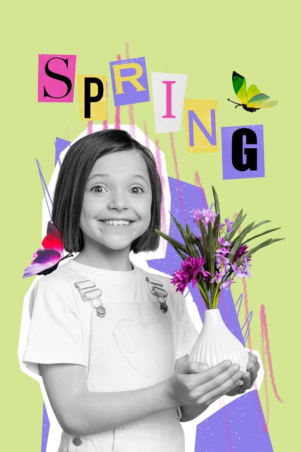 Vertical photo collage of little school girl hold flower composition in porcelain vase arts lesson task green creative stock images