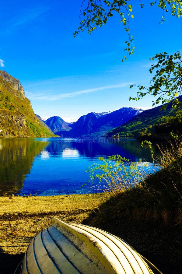 Fjord Lake and Wooden Boat, Norway Scenery, Norwegian Landscape