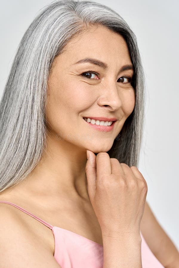 Senior Happy Middle Aged Mature Asian Woman Vertical Portrait Skin