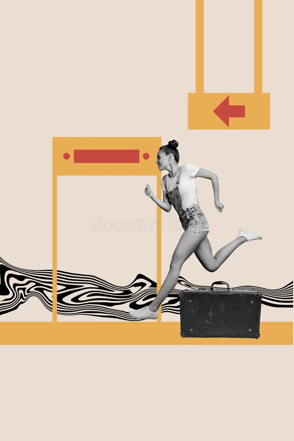 Vertical poster collage young woman runner arrow direction pointer roadsign path way road forward destination suitcase stock images