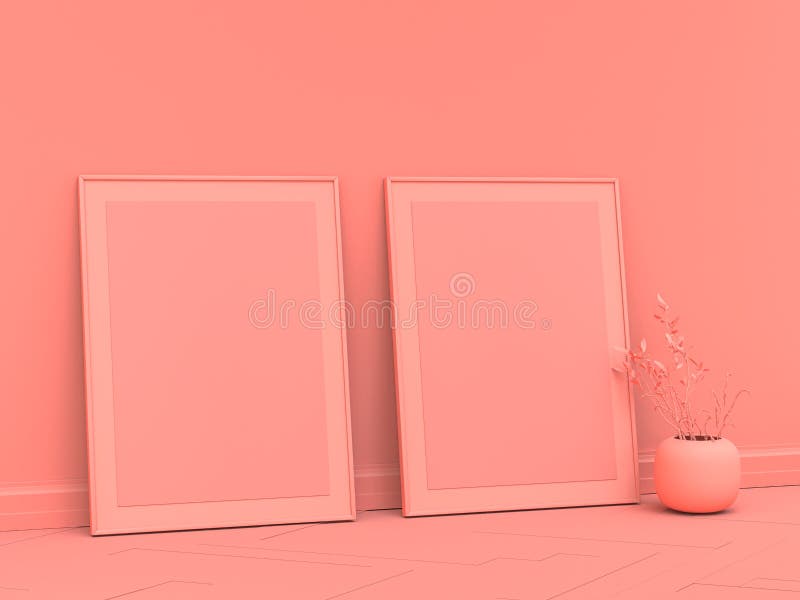 2 Vertical Poster Frames On The Floor In Solid Single Pink Color Room With Vase 3d Rendering Side View Stock Illustration Illustration Of Background Plant