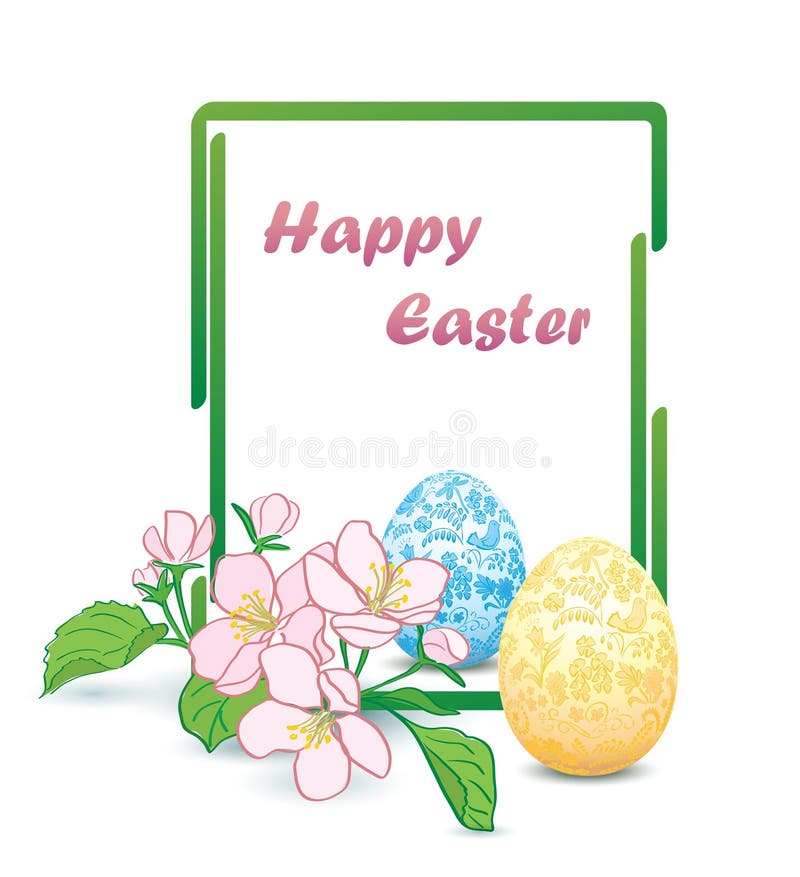Vertical rectangular green frame with apple-tree flowers and decorative easter eggs - happy easter vector card vector illustration Vertical rectangular green frame with apple-tree flowers and decorative easter eggs - happy easter vector card vector illustration