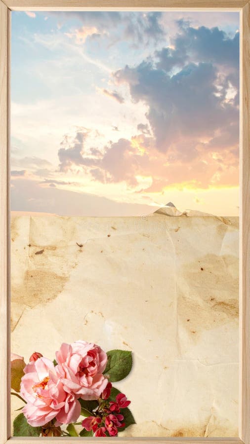 Vertical Scenic Sunset in Sky with Floral Corner on Beige Paper Frame royalty free illustration