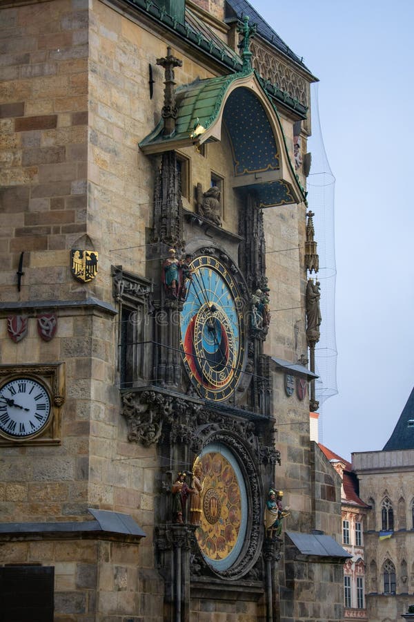 Vertical shot of the Astronomical clock&#x28;The Orloj&#x29; in Prague&#x27;s Old Town Square. A vertical shot of the Astronomical clock&#x28;The Orloj&#x29; in