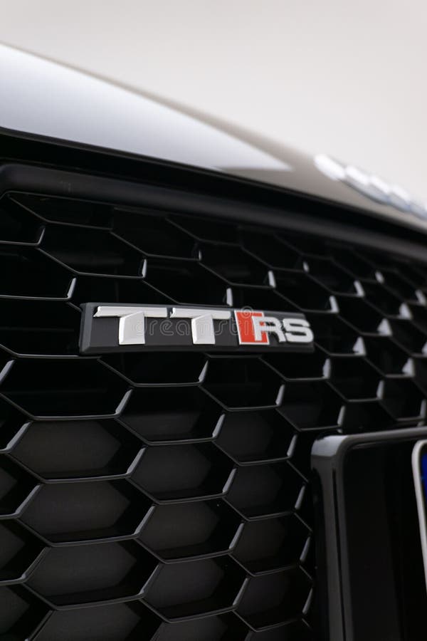 Vertical Shot of an Audi TT RS Model Badge on the Front Grill Editorial