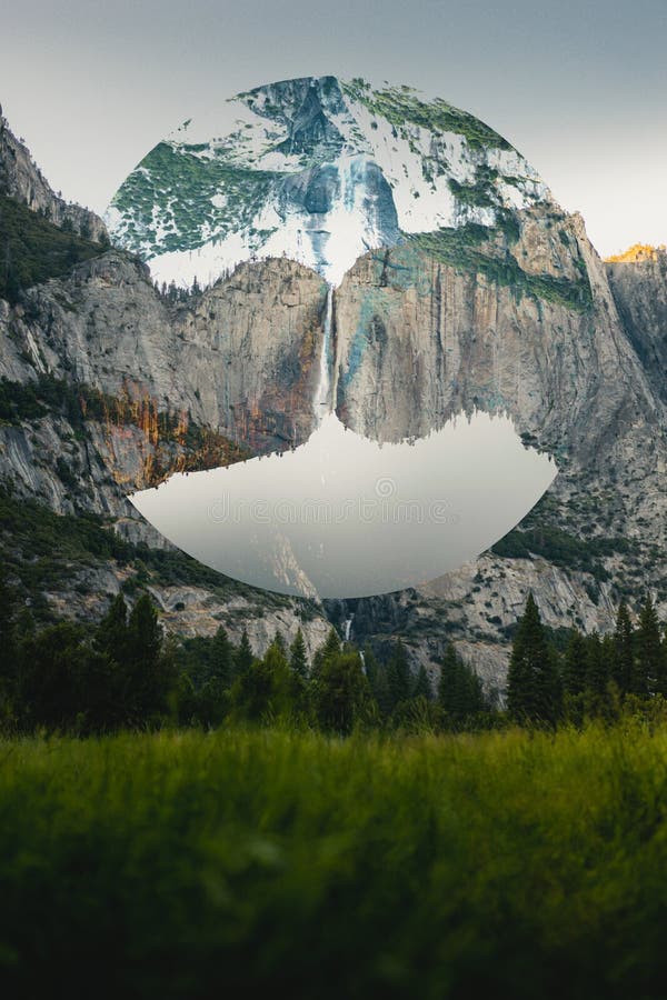 Vertical shot of a distorted image of a mountain in a circular frame royalty free stock images