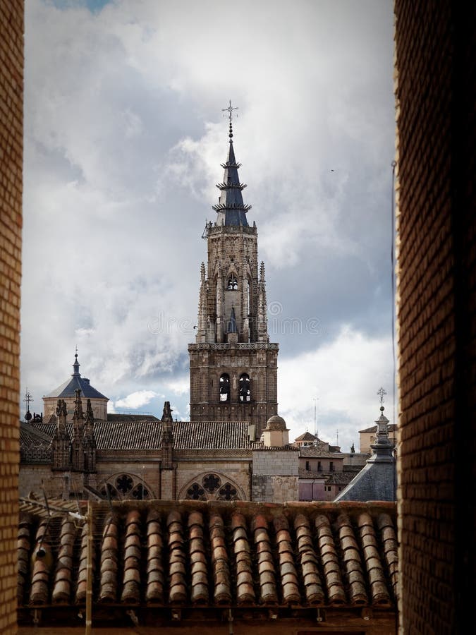 Vertical shot of a historic tower in Toledo, Spain, a symbol of ancient architecture royalty free stock images