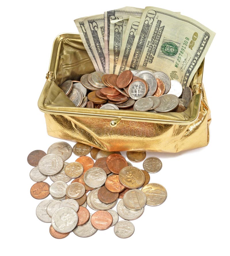 Gold Metallic Coin Purse With Cash and Coins stock photos