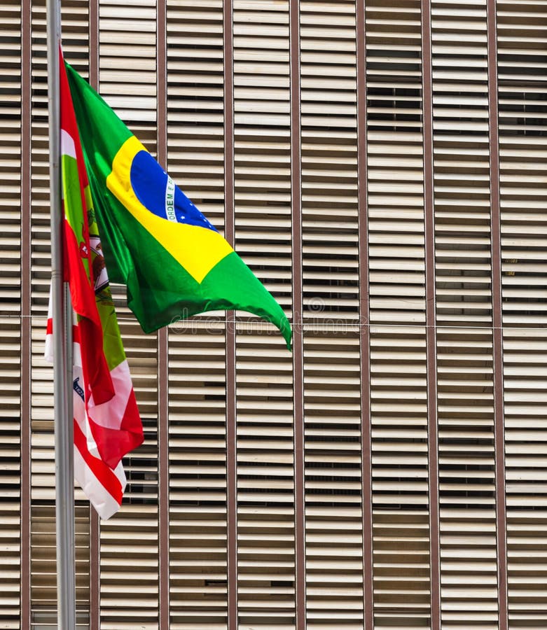 A vertical shot of multiple flags waving in front of a building
