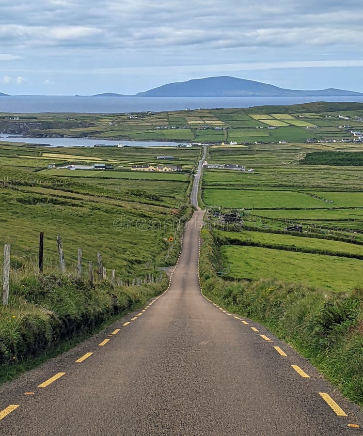 Vertical Shot of the Skellig Ring Road between Green Fields in South