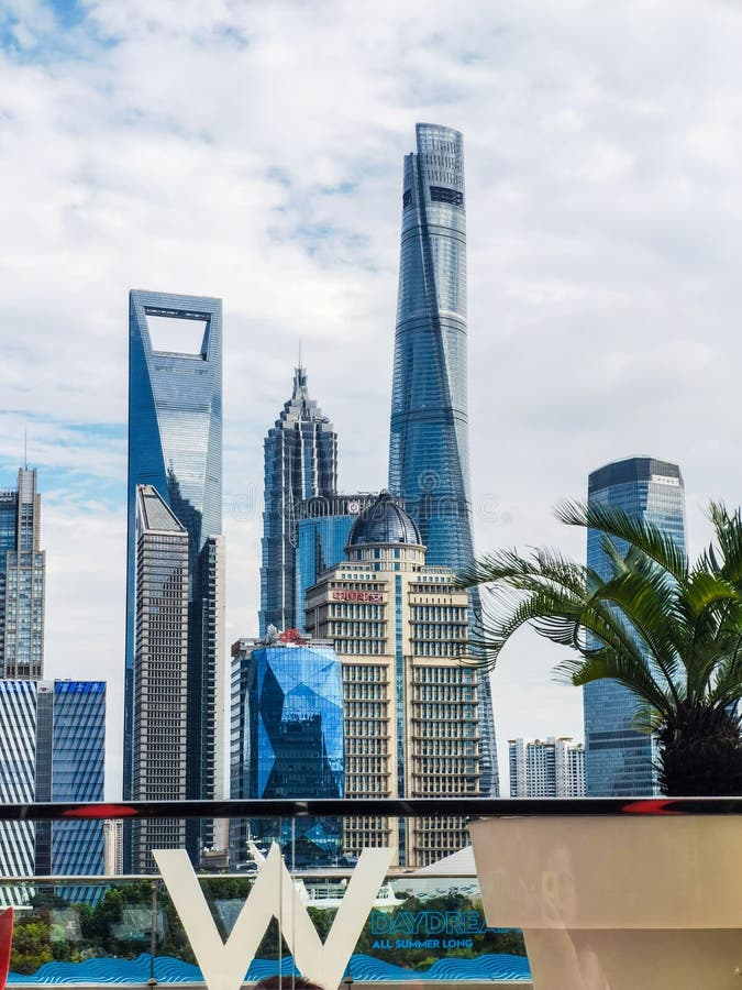 Vertical shot of the skyline of Shanghai city under cloudy sky stock photos