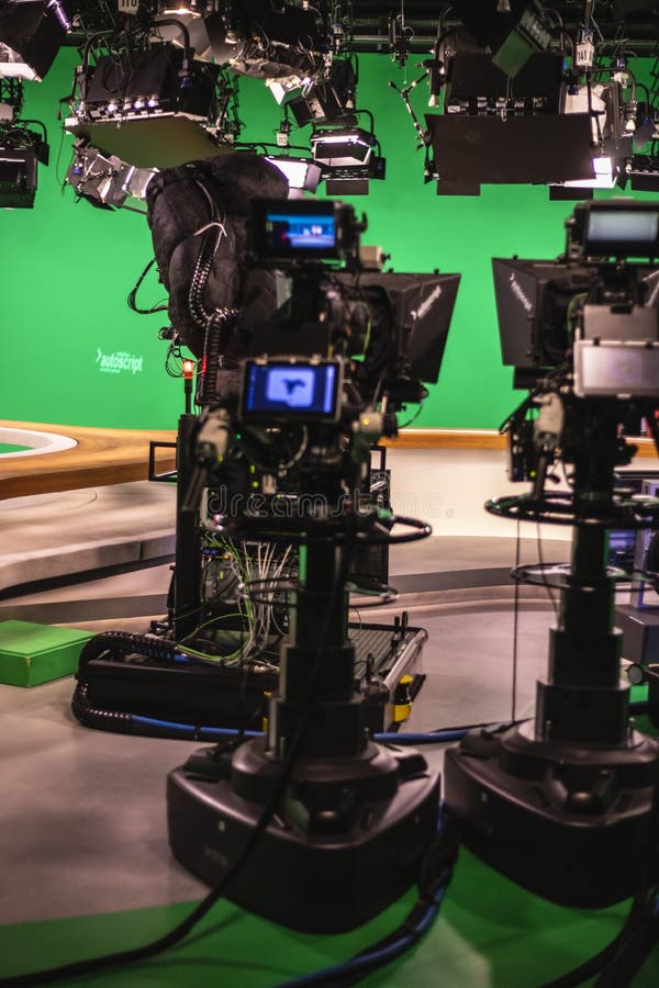 Vertical Shot of a Television Studio with Professional Cameras and