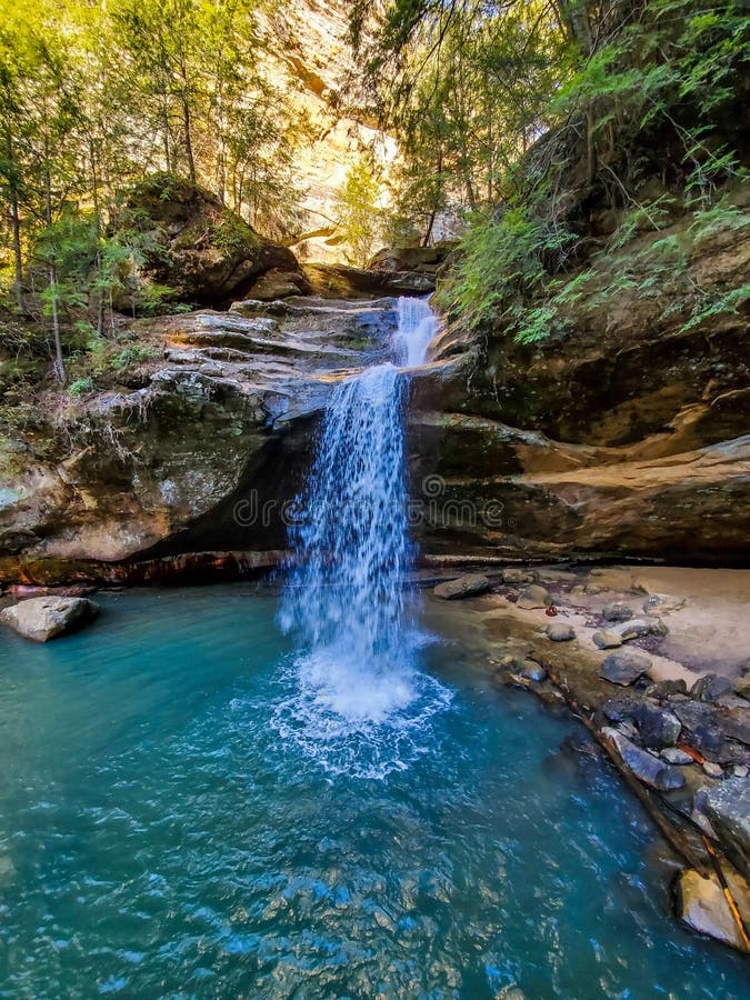 Vertical Shot of Waterfalls in Hocking Hills State Park, Ohio Stock