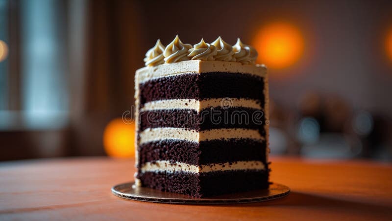 Vertical slice of chocolate cake with multiple layers of frosting and rich dark cocoa base placed on warm orange table stock photos