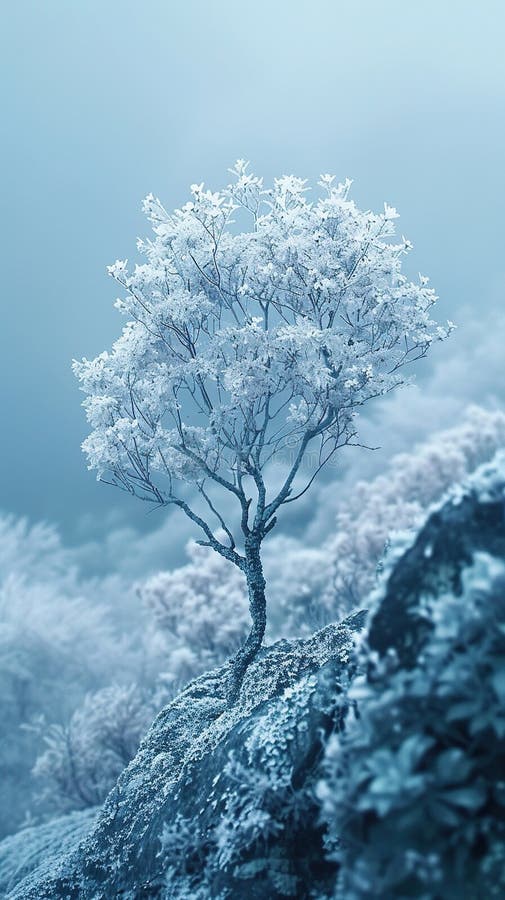 Vertical soft blue background with a tree image. Generated by artificial intelligence