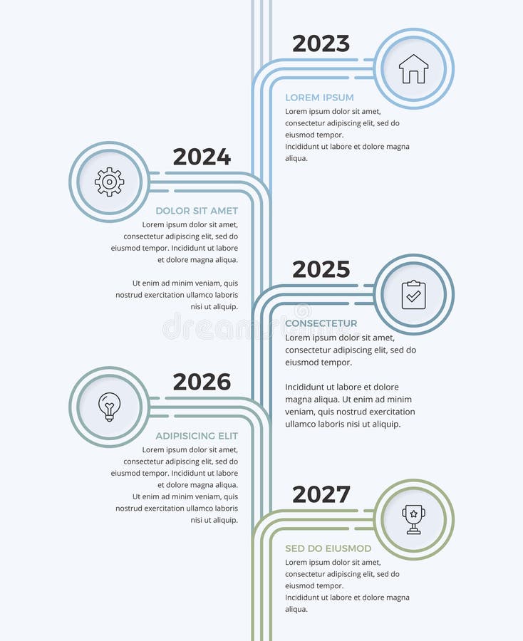 Vertical timeline infographic with five yearly milestones. History timeline vertical vectors