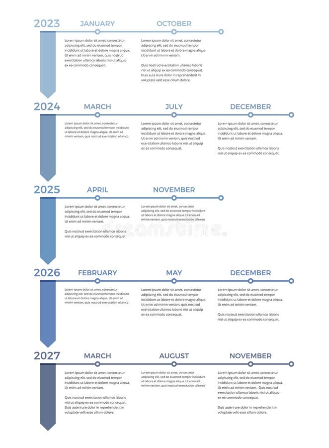 Vertical business timeline infographic with five yearly milestones and monthly points. History timeline vertical vectors