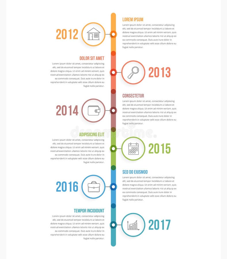 Vertical timeline infographics template with colorful circles, workflow or process diagram. History timeline vertical vectors