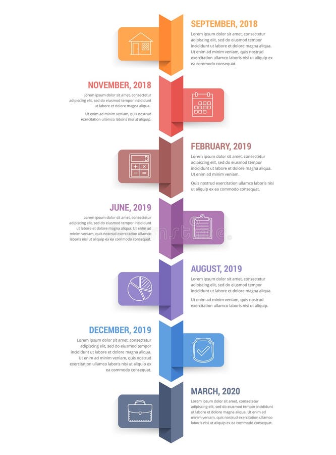 Vertical timeline infographics template with seven arrows. History timeline vertical vectors