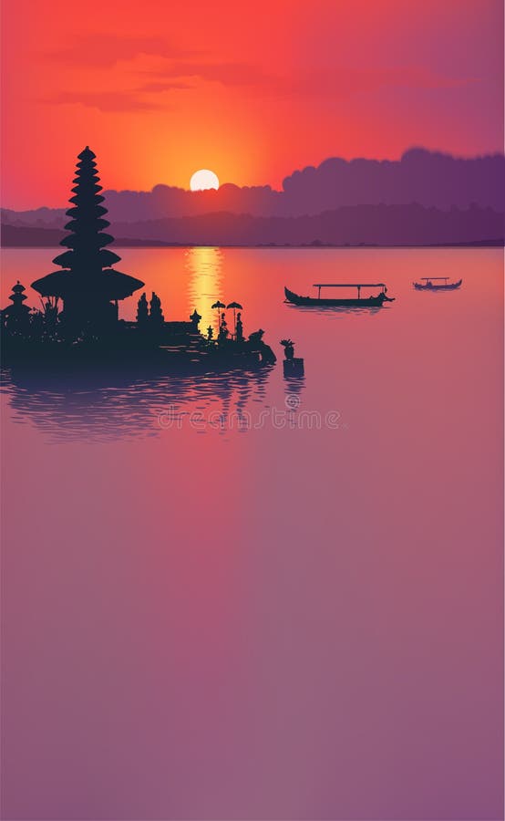 Vertical Travel Poster Background with Red Sunset and Balinese Water Temple  and Fisherman Boats Silhouettes in Lake Stock Vector - Illustration of  lake, nature: 152693409