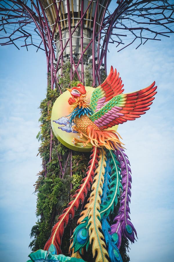 Vertical View of a Colorful Phoenix Decorated on a Plant in Gardens by