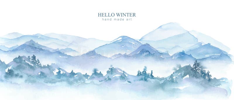 Vertical watercolor panorama in pale blue , grey colors. Winter forest, foggy mountains, hills.