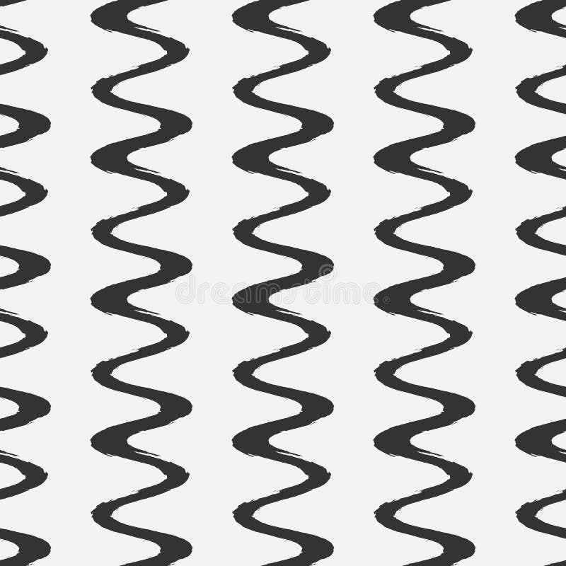 Vertical wavy ornament. Continuous rounded zigzag drawn a rough brush. Grunge. Black, white.