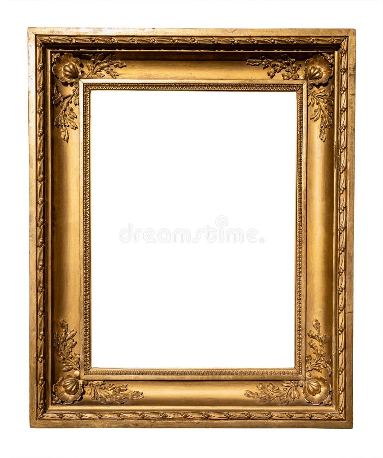 Vertical wide rococo gold picture frame isolated stock image