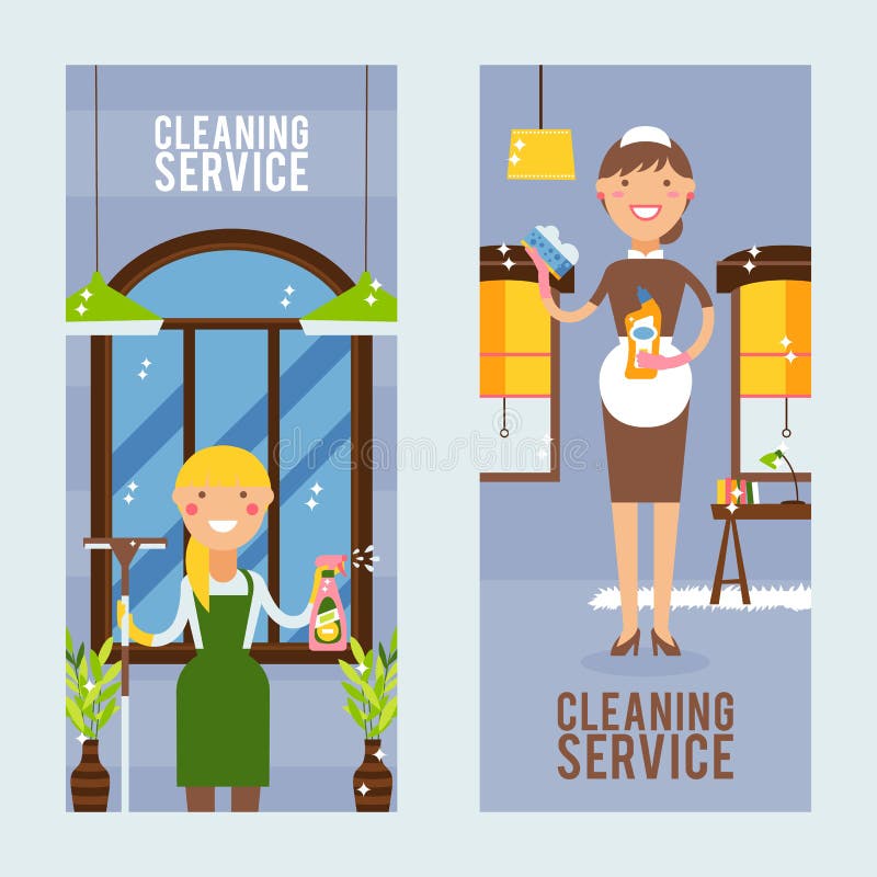 Cleaning service vertical banner, vector illustration. Professional cleanup of home and office, smiling women with washing detergents, sparkling clean windows. Simple flat style housework lady team. Cleaning service vertical banner, vector illustration. Professional cleanup of home and office, smiling women with washing detergents, sparkling clean windows. Simple flat style housework lady team