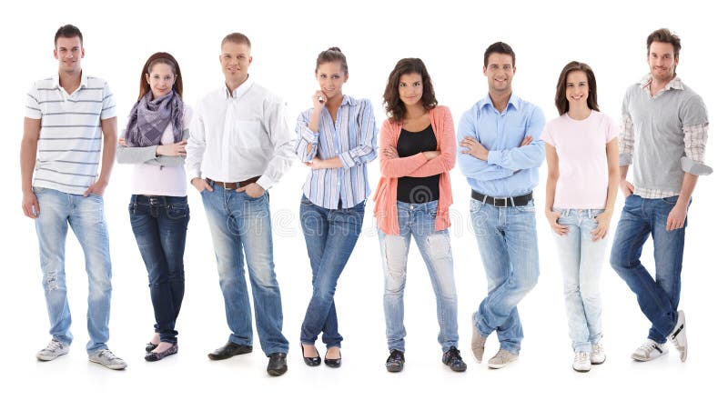 Full-length group portrait of happy young casual people standing side by side, looking at camera, smiling. Full-length group portrait of happy young casual people standing side by side, looking at camera, smiling.