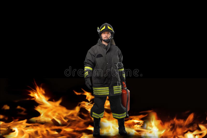 Portrait of firefighter among flames. Portrait of firefighter among flames