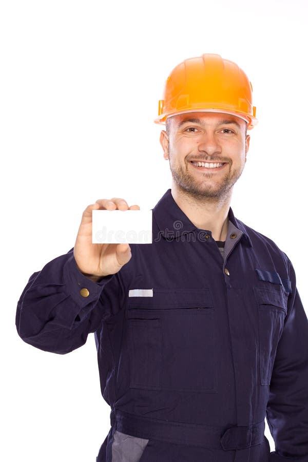 Verticale du constructeur avec la carte de visite sur un wh photographie stock libre de droits Verticale du constructeur avec la carte de visite sur un wh photographie stock libre de droits