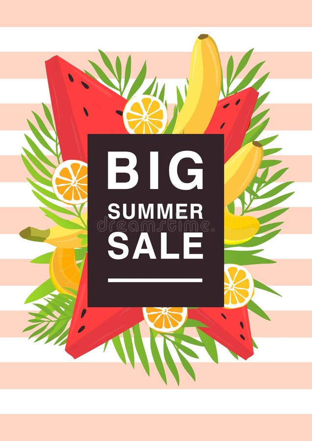 Vertikal affisch på stort sommarförsäljningstema Ljus befordrings- reklamblad med olika frukter och palmblad färgrikt stock illustrationer Vertikal affisch på stort sommarförsäljningstema Ljus befordrings- reklamblad med olika frukter och palmblad färgrikt stock illustrationer