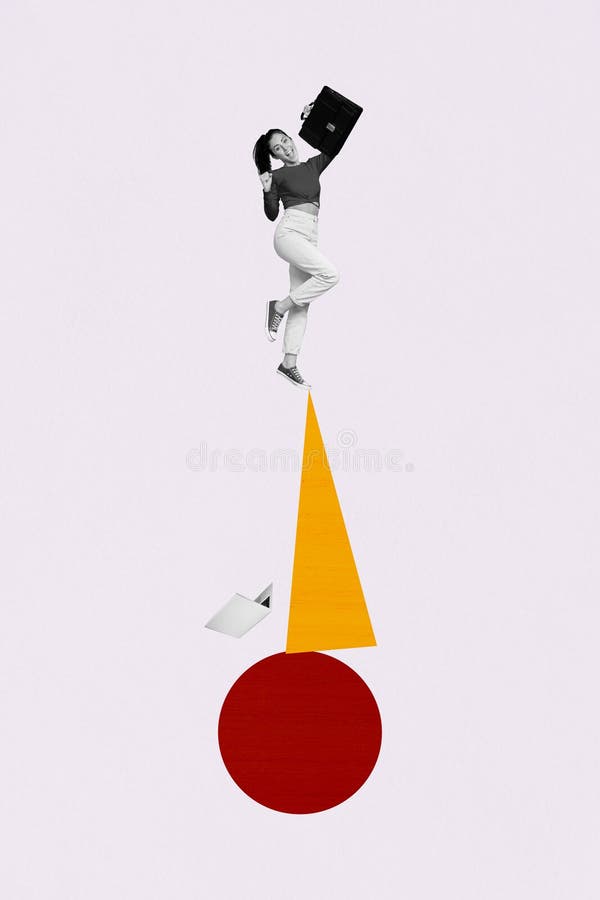 Vertical picture collage happy young standing girl diplomat suitcase falling laptop geometric figures remote worker drawing background. Vertical picture collage happy young standing girl diplomat suitcase falling laptop geometric figures remote worker drawing background.