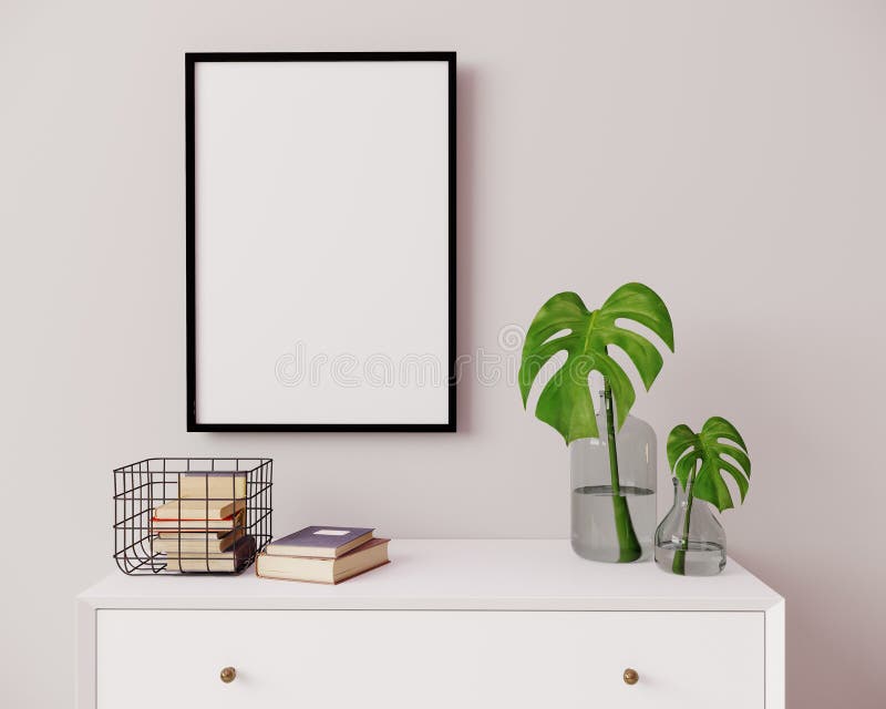 Vertical frame mockup in modern interior background. Empty frame above white chest of drawers with beautiful decor. Scandinavian style, frame mockup, 3d rendering. Vertical frame mockup in modern interior background. Empty frame above white chest of drawers with beautiful decor. Scandinavian style, frame mockup, 3d rendering.