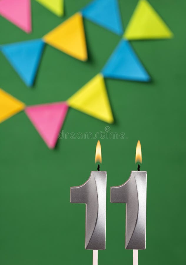 11th Birthday candle - Green anniversary card with bunting. 11th Birthday candle - Green anniversary card with bunting