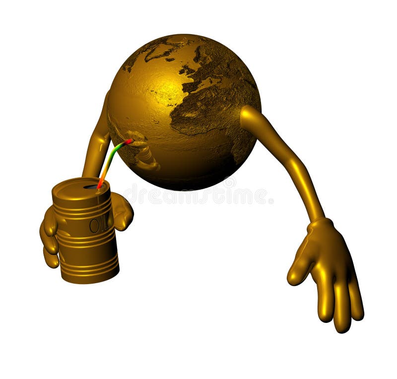 A 3D funny golden globe isolated on a white background drinking from petroleum tank. A 3D funny golden globe isolated on a white background drinking from petroleum tank