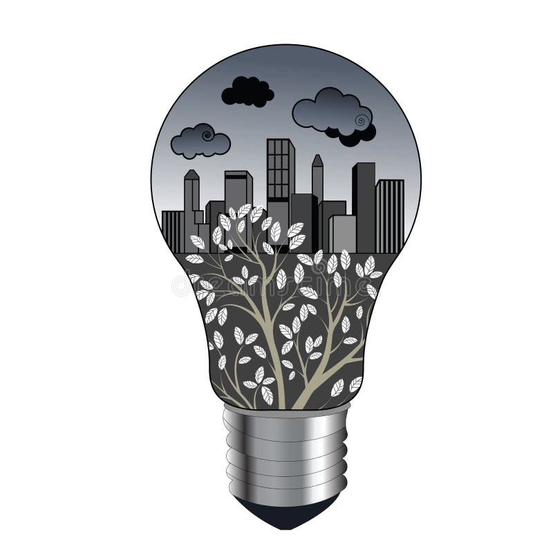 Lightbulb with tree city smog clouds protraying a pollution concept (release clip mask to see full tree). Lightbulb with tree city smog clouds protraying a pollution concept (release clip mask to see full tree)