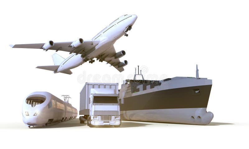 Vervoer en Logistiekvrachtwagen, trein, Boot en vliegtuig op isolate Achtergrond