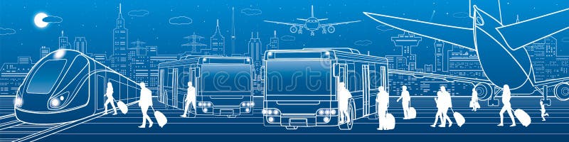 Vervoerspanorama De passagiers gaan en gaan om per bus te vervoeren binnen weg De mensen krijgen op trein De infrastructuur van d royalty-vrije illustratie Vervoerspanorama De passagiers gaan en gaan om per bus te vervoeren binnen weg De mensen krijgen op trein De infrastructuur van d royalty-vrije illustratie