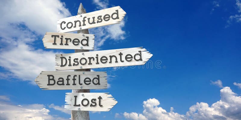 Confused, tired, disoriented, baffled, lost - wooden signpost with five arrows. Sky with clouds on second plan. Confused, tired, disoriented, baffled, lost - wooden signpost with five arrows. Sky with clouds on second plan.