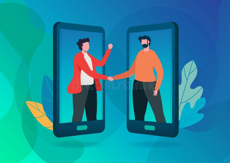 Verwijs een vrienden vectorillustratie Online mededeling Handdruk van bedrijfsmensen Online overeenkomst, Overeenkomst Vlak beeld vector illustratie Verwijs een vrienden vectorillustratie Online mededeling Handdruk van bedrijfsmensen Online overeenkomst, Overeenkomst Vlak beeld vector illustratie